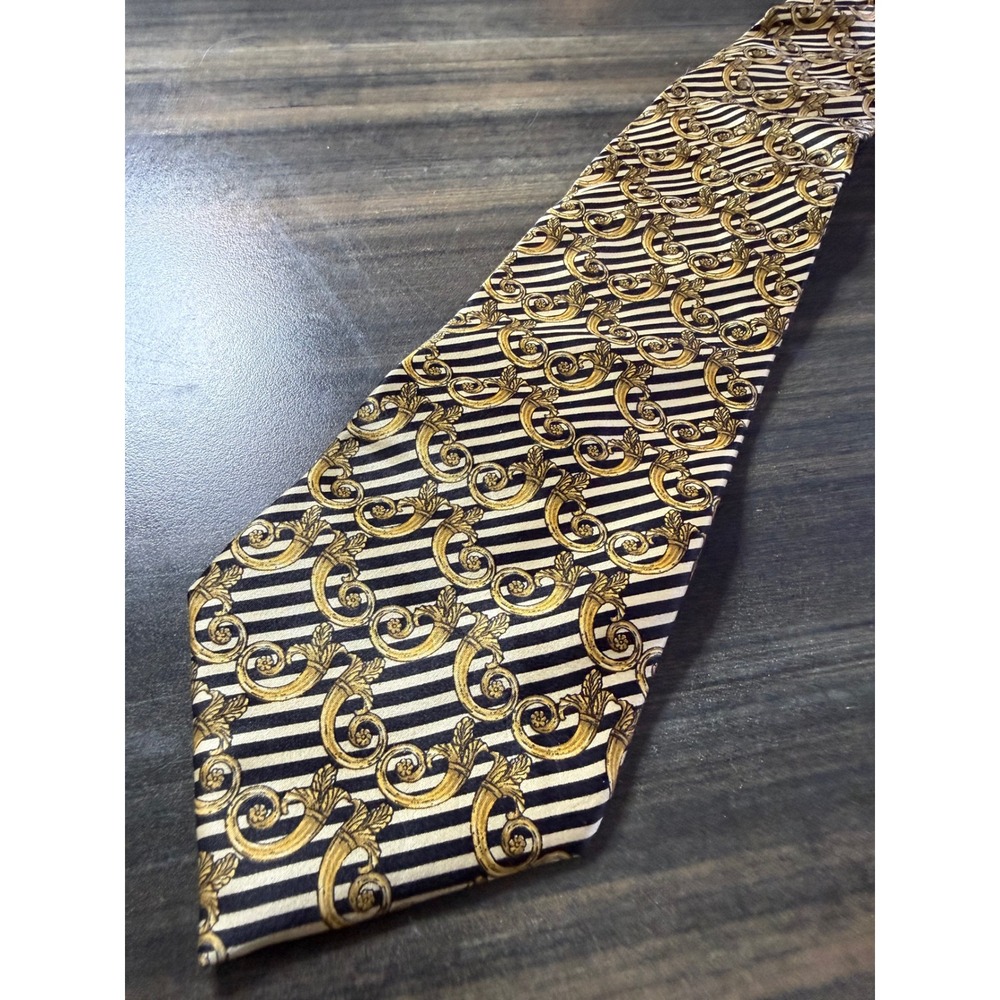 Lanvin Paris Silk Tie Black Gold Baroque Scroll Striped Made in France Luxury